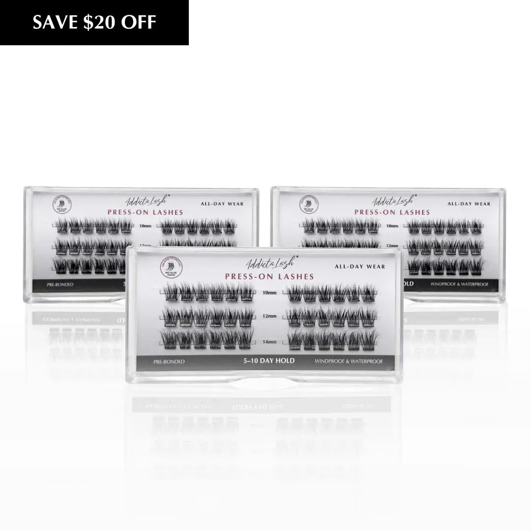 Luna Press-On Lashes 3-pack bundle by AddictaLash — 108 multi-length clusters, up to three months of wear, best value